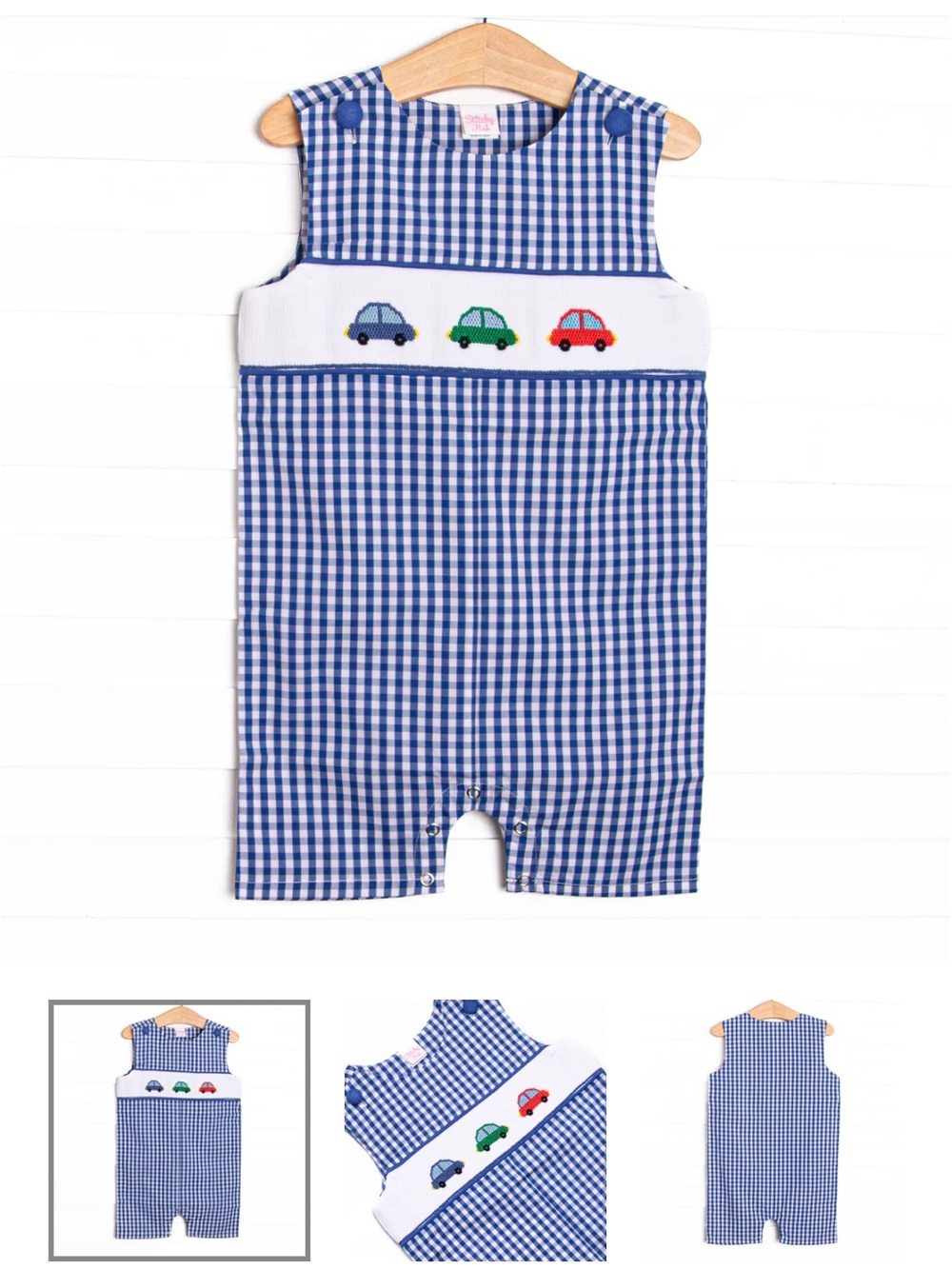 Stitchy Fish 18 Month Blue Gingham Smocked Baby Jon Jon with Cars